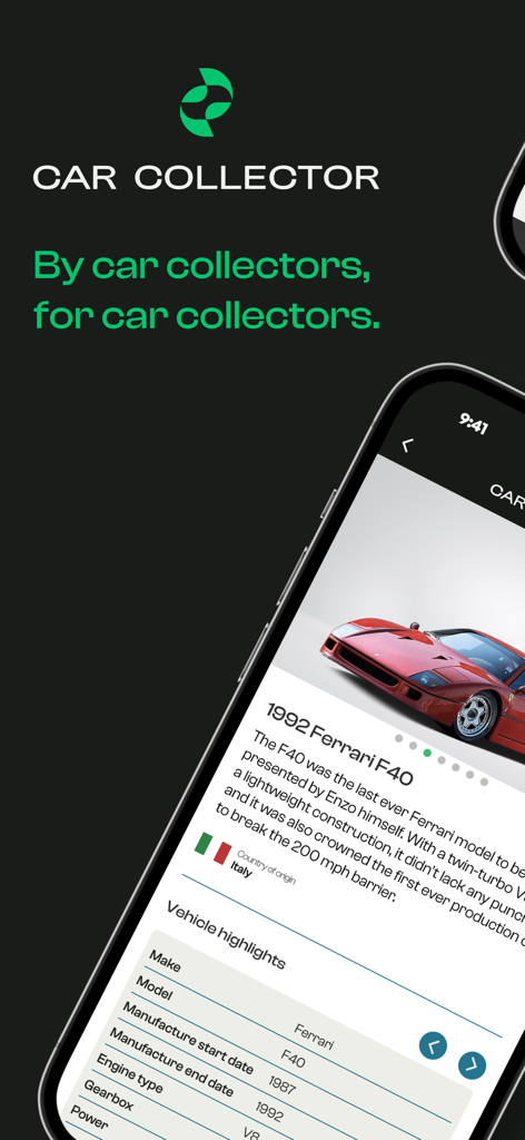 Car Collector - Car Collector app interface displaying detailed specifications for a 1992 Ferrari F40