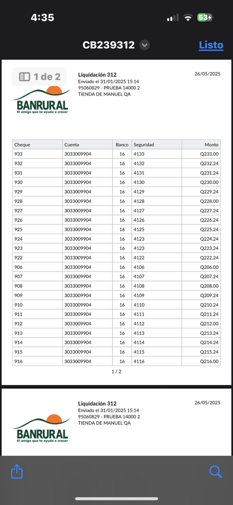 Cheques - Caja Banrural - A summary report of digitized checks in the Caja Banrural app showing account numbers and amounts