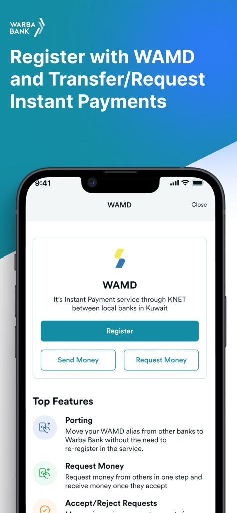 SiDi - Tela do aplicativo SiDi para registro de pagamento instantâneo WAMD e serviços de transferência de dinheiro no Kuwait