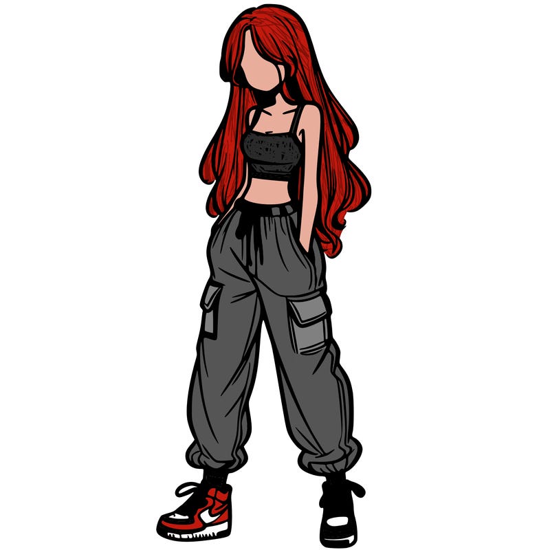 girl in baggy pants crop top and long hair
