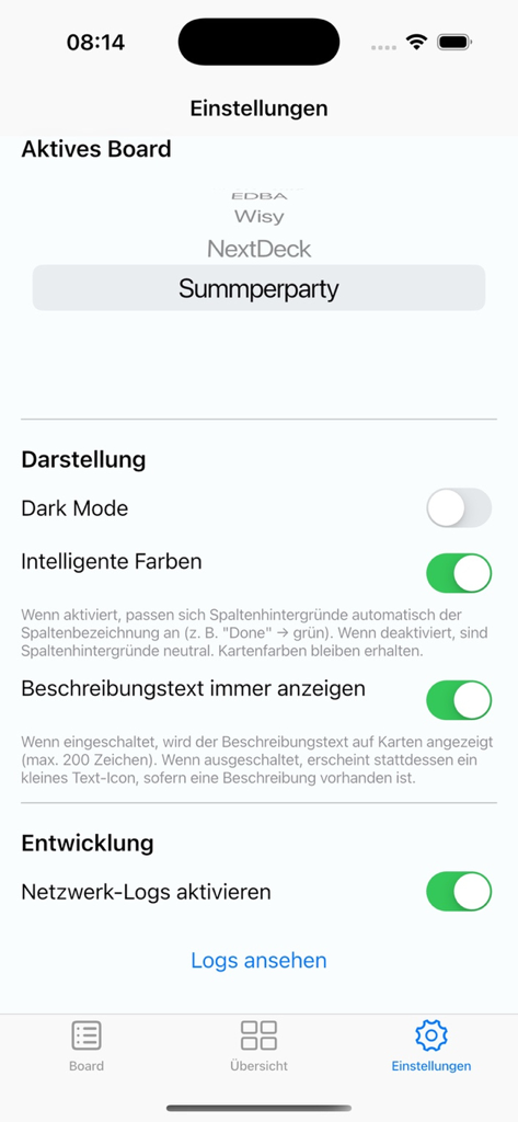 Settings screen of the Next Deck app showing appearance and board configuration options.