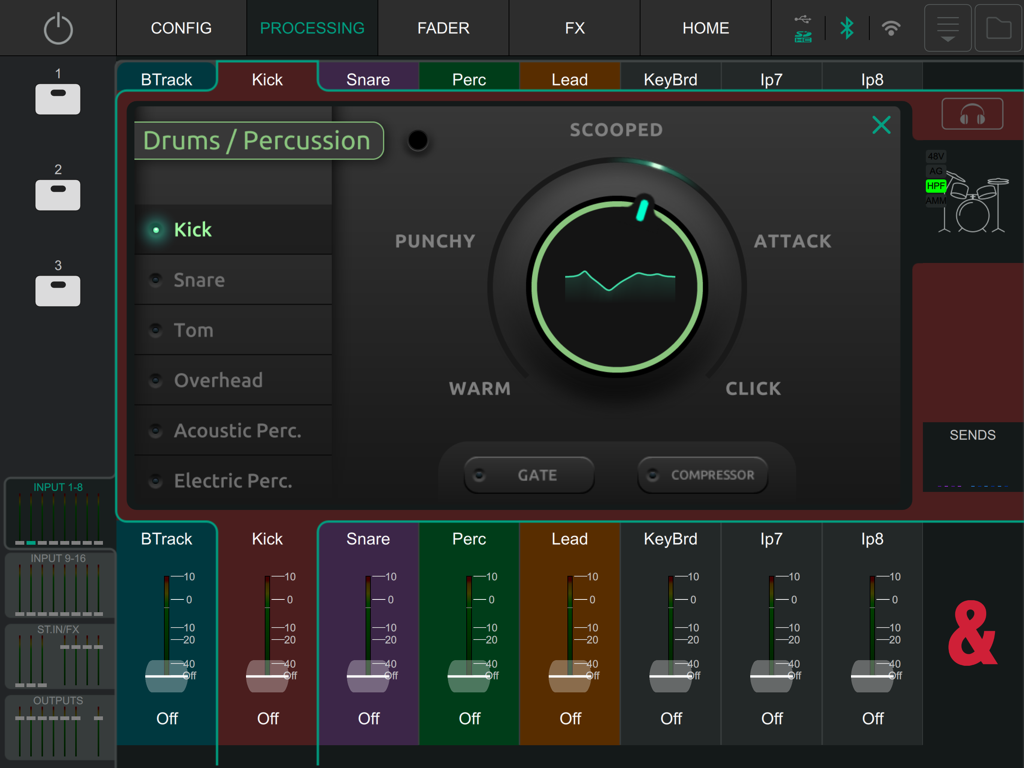 Allen and Heath CQ MixPad app processing interface for drum sound shaping.