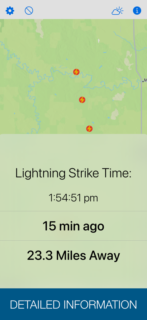 Mapa em tempo real exibindo a hora e a distância do raio em relação à localização atual.
