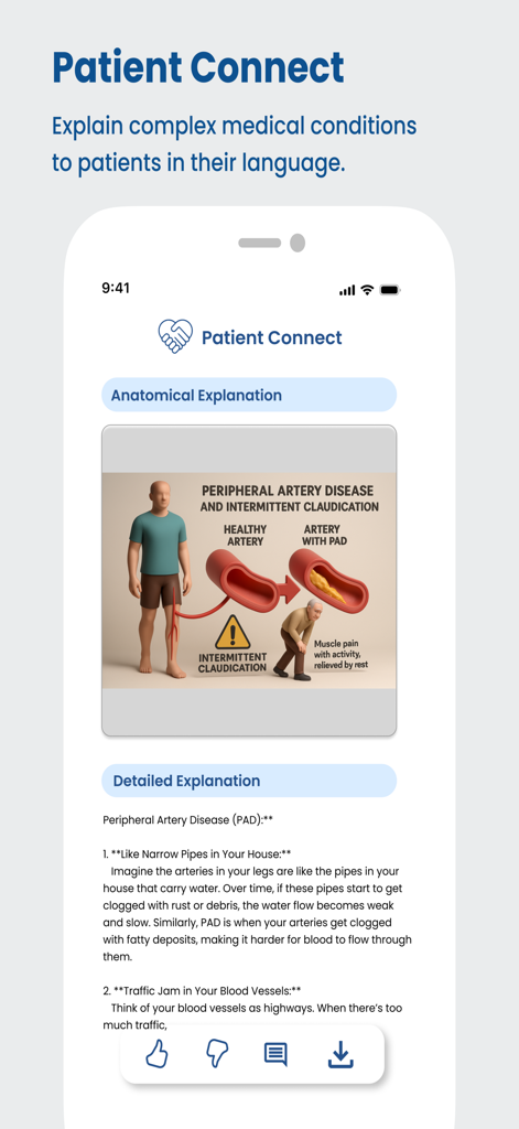 Screenshot of the Patient Connect feature in the VKonnect Health app showing simplified medical explanations for patients using illustrations and analogies