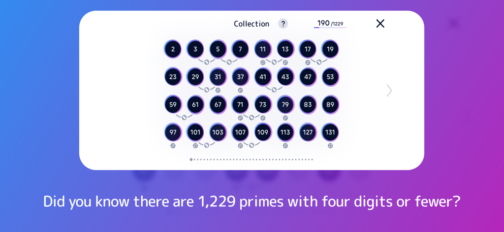 The collection interface of Primee game displaying discovered prime numbers in a grid.