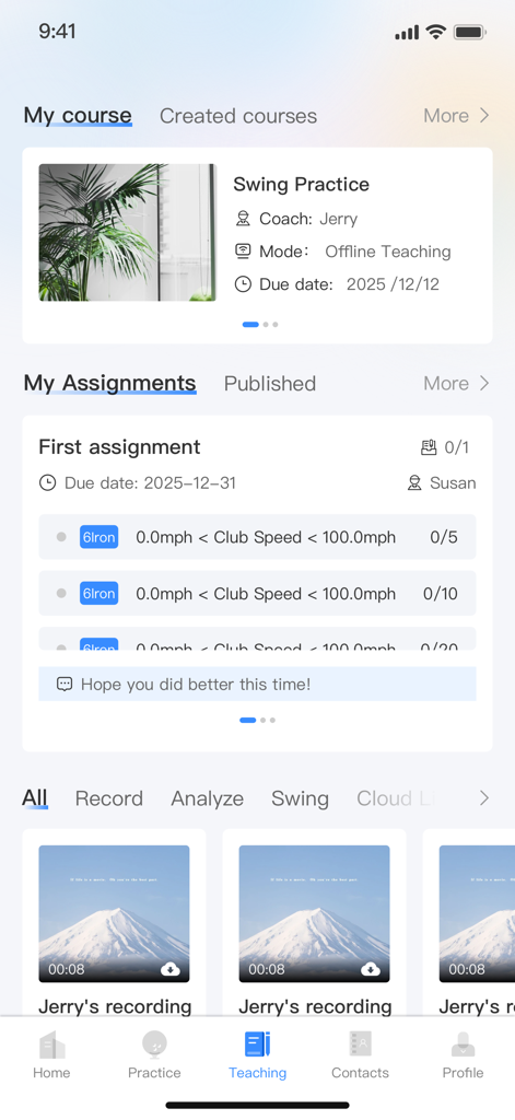 Golfjoy Space - Golfjoy Space app interface showing the teaching section with swing practice courses and personalized coaching assignments.