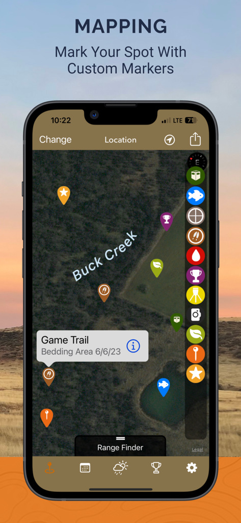 iSolunar™ Hunt & Fish Times - iSolunar app satellite map interface showing custom hunting and fishing location markers on a terrain map