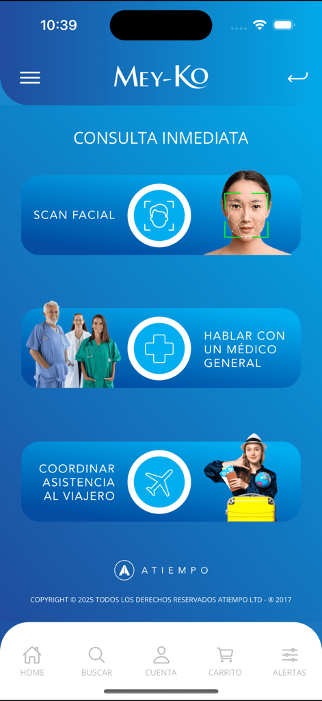 Meyko - Home screen of the Meyko medical app featuring facial scan and doctor consultation options