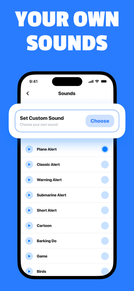 Captura de pantalla de la aplicación Find my phone mostrando el menú de selección de sonido con opciones como Alerta de Avión y un botón para configurar un sonido personalizado