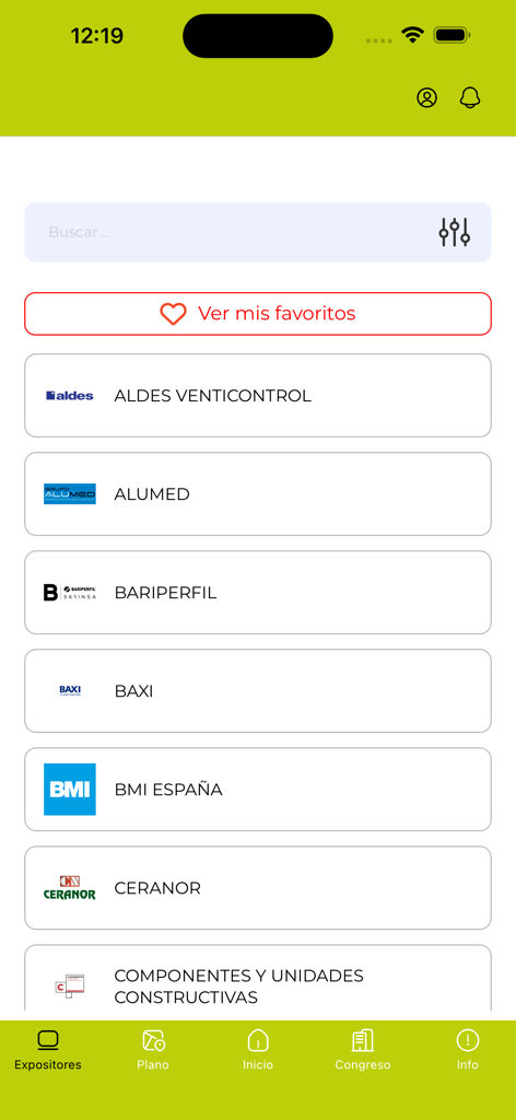 REBUILD 2026 - Mobile app screen showing a directory of construction industry exhibitors for REBUILD 2026