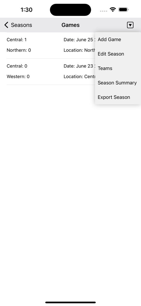 Interface showing a list of soccer games with scores and a menu for managing season stats