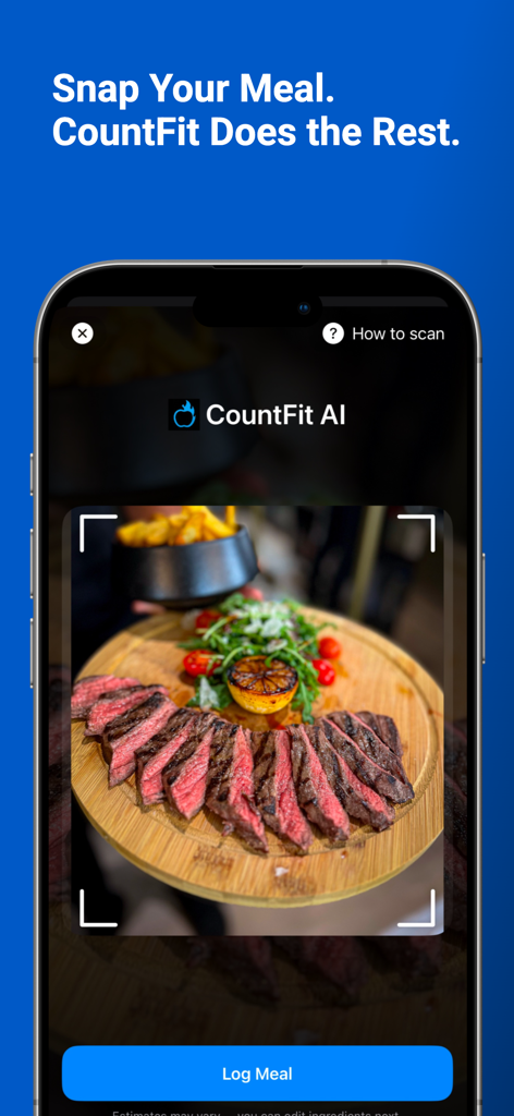 CountFit AI - Calorie Counter - Escáner IA de comidas en la aplicación CountFit identificando un plato de bistec y ensalada para el registro instantáneo de calorías.
