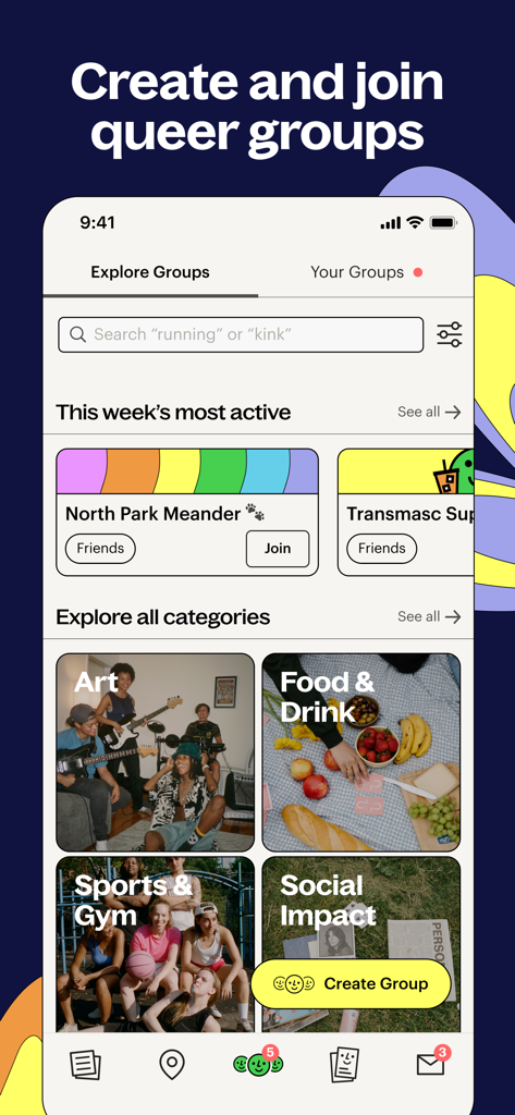 Lex: Queer Social LGBT Friends - Screenshot of Lex app explore groups page showing LGBTQ+ community categories like Art and Sports