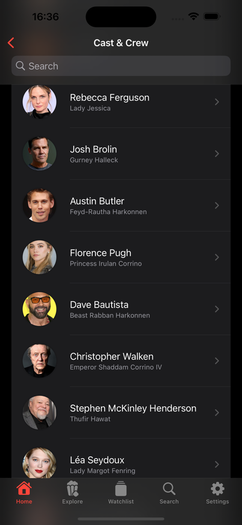 PrimeWire Movies & TV Shows - Mobile app interface showing a list of movie cast and crew members with their photos and character names