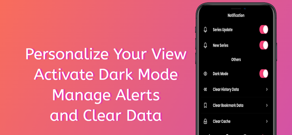 DramaPlay app interface showing personalization settings and dark mode toggle.