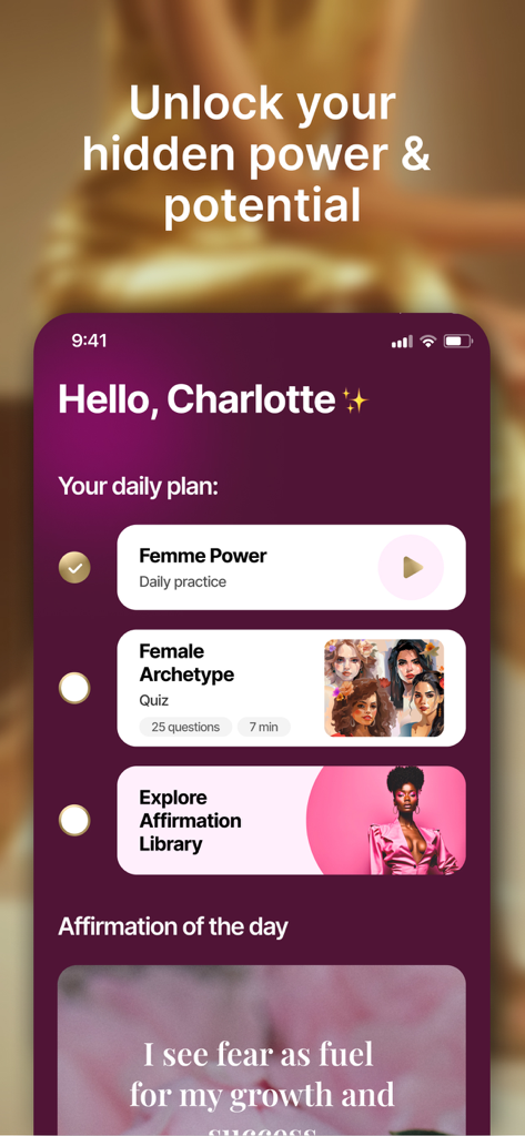 Manifest Affirmations - Manifest Affirmations app dashboard showing a personalized daily plan for feminine empowerment and success.