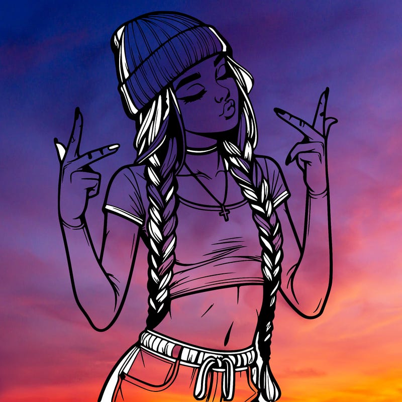 realistic teenage girl with braids and a beanie and crop top doing 🫶🏼