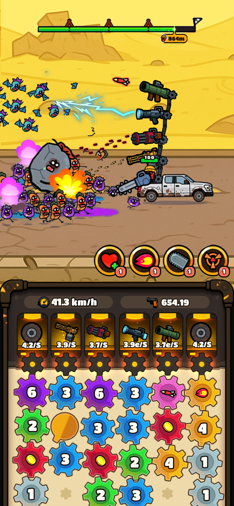 A weaponized truck fighting off waves of quirky zombies with a gear merge puzzle at the bottom.