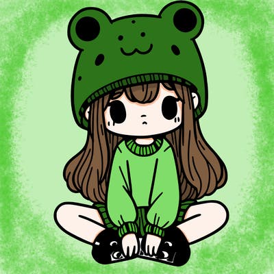 a girl wearing a frog hat and some frog socks