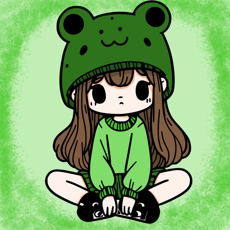 a girl wearing a frog hat and some frog socks