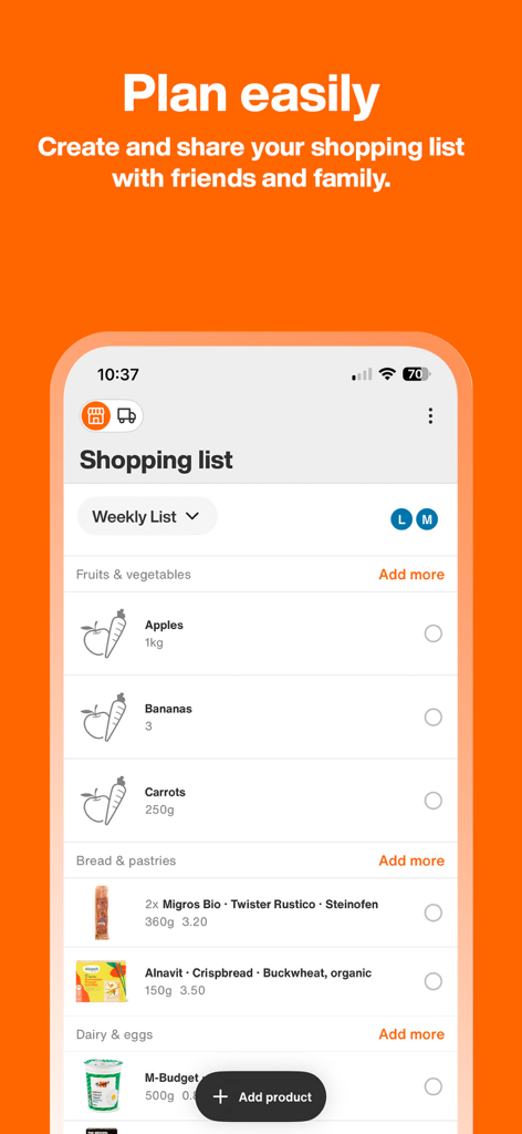 Migros app shopping list screen with grocery items and sharing options