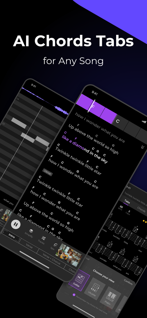 Lamucal mobile app interface showing AI generated chords and tabs for guitar ukulele and piano