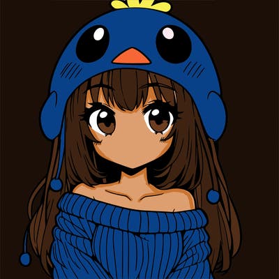 anime girl with chick shaped hat with sweater with bare shoulders with bangs covering them one eye with low tail