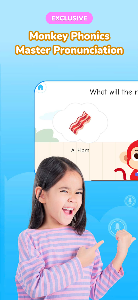 A young girl pointing to the Monkey Stories app screen showing a phonics lesson for mastering English pronunciation.