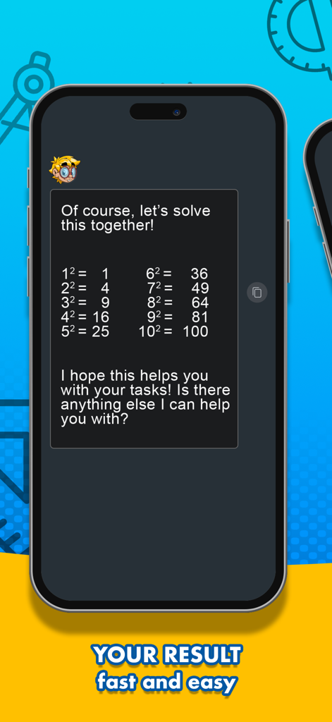 Homework Hans Learning App - A smartphone displaying a chat interface from Homework Hans app where the AI solves math squares for a student