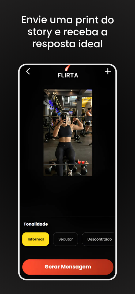 Flirta - Assistente de Paquera - Interface do aplicativo Flirta analisando um story de mídia social para gerar uma resposta de namoro com opções de tom