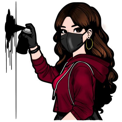 realistic girl with mask spray painting a wall
