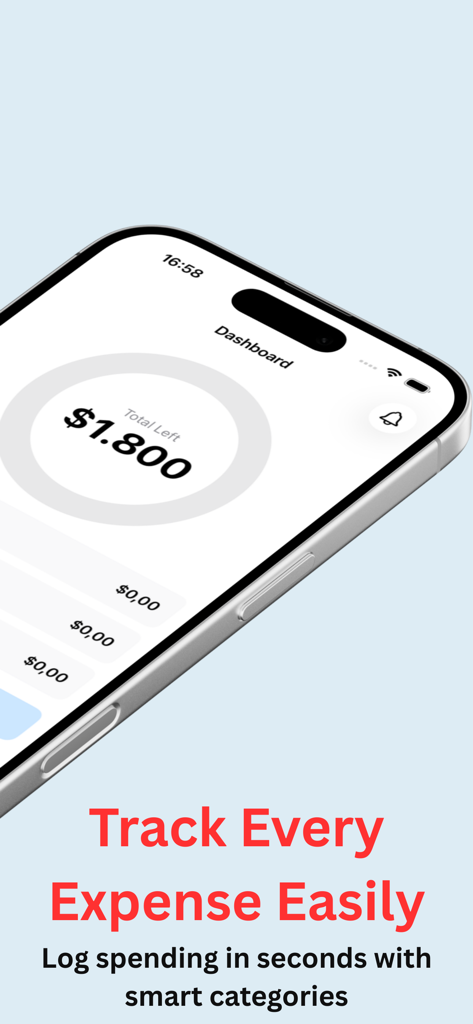 Budgetly - Personal Budget App - iPhone displaying the Budgetly app dashboard with a circular chart showing total budget remaining and text about tracking expenses easily.