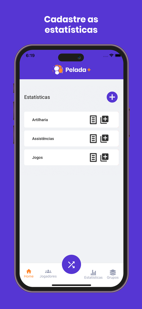 Pelada+ - Pelada Plus App-Bildschirm, der die Oberfläche zur Erfassung von Fußballstatistiken für Tore, Vorlagen und Spiele zeigt.