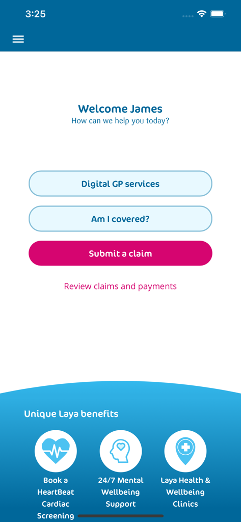 Laya App welcome screen featuring digital GP services and claim submission buttons