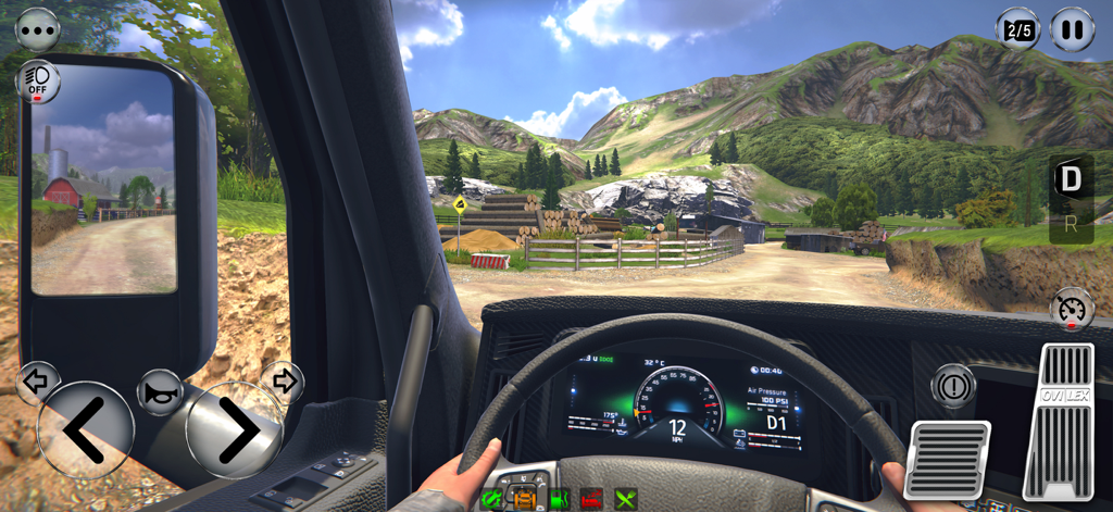 A first person view from the interior of a truck cabin driving through a scenic mountain landscape