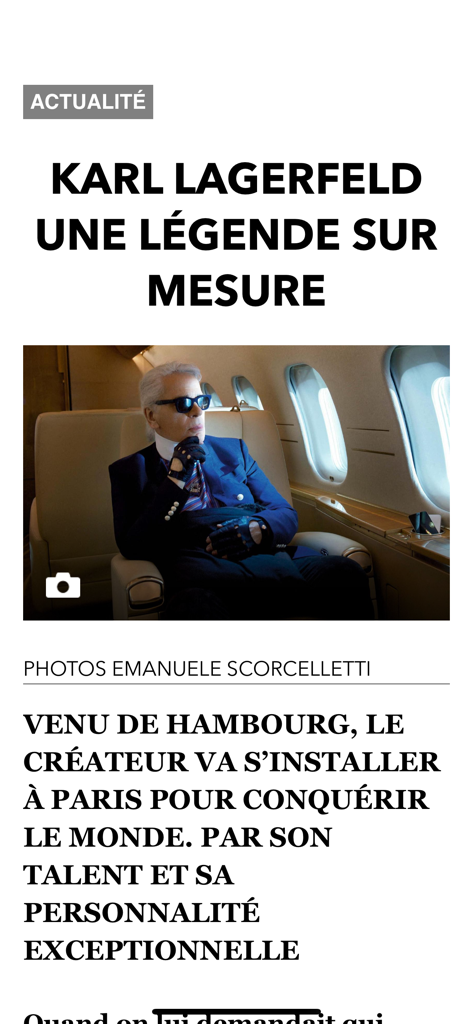 L'ancienne app Paris Match - Artikel über Karl Lagerfeld in der digitalen Magazin-App von Paris Match.