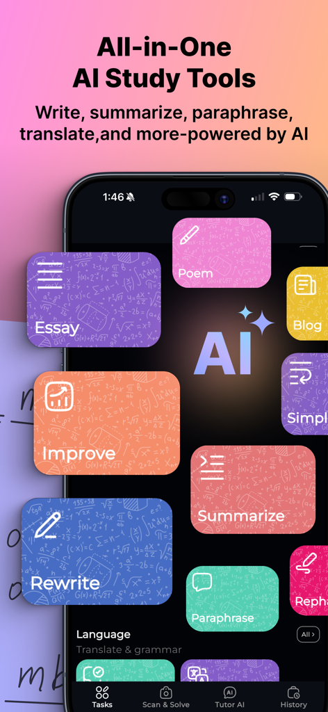 AI Homework Helper - StudyAi - AI Homework Helper app showing all-in-one study tools for writing summarizing and paraphrasing