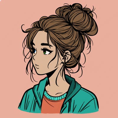 realistic teenage girl with a messy bun