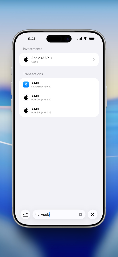 Summit: Portfolio Tracking - Anlagedetails und Transaktionshistorie für Apple-Aktien im Summit Portfolio-Tracker
