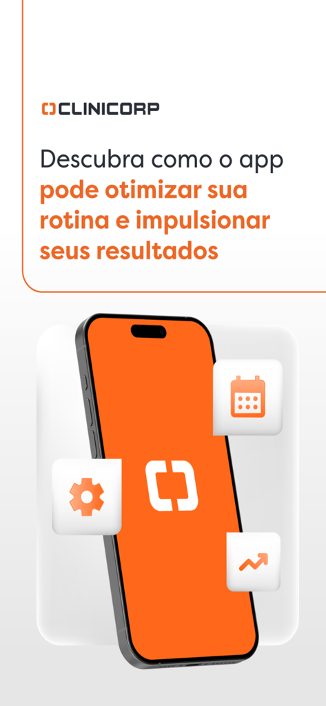 Tela promocional do app Clinicorp mostrando um smartphone com ícones para agendamento e acompanhamento de desempenho