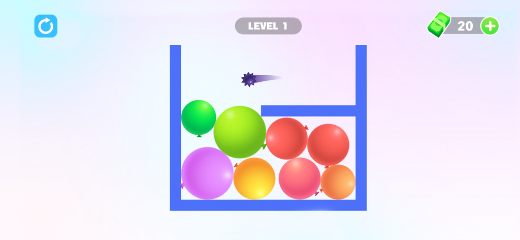 Thorn And Balloons - Uma bola de espinhos roxa lançada em direção a um grupo de balões coloridos em um nível de jogo de quebra-cabeça baseado em física.