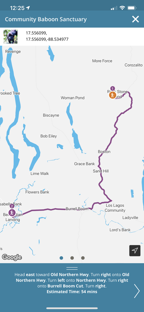 Travel Belize - 커뮤니티 바분 보호 구역으로 가는 경로와 방향을 보여주는 벨리즈 여행 앱의 지도 인터페이스