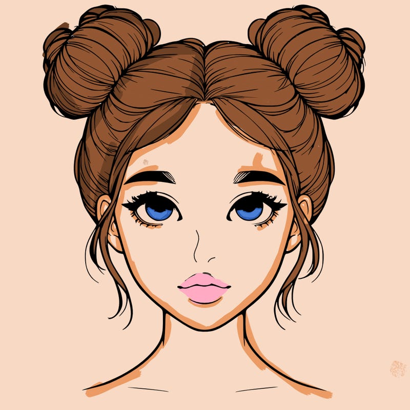 realistic girl with two buns on top of her head