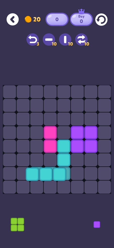 Tiny Fun: Play and Relax - A screenshot of a block puzzle mini game from the Tiny Fun app featuring a grid with colorful shapes.