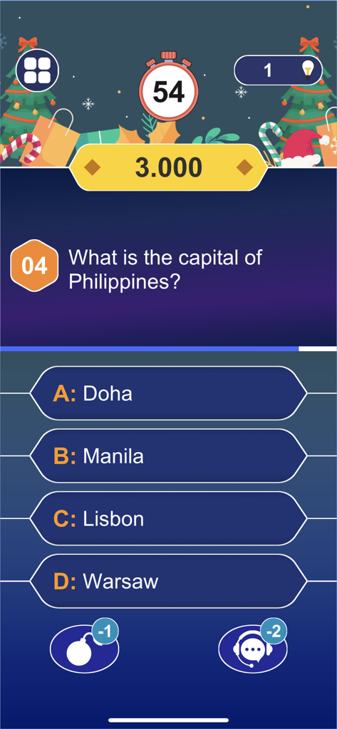Millionaire: Fun Trivia Games - A geography trivia question in the Millionaire mobile game asking for the capital of the Philippines with multiple choice answers.