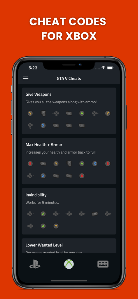 Cheats for GTA 5 - PS5,Xbox,PC - Interfaccia dell'app Trucchi GTA 5 che mostra sequenze di tasti Xbox per armi, salute e invincibilità