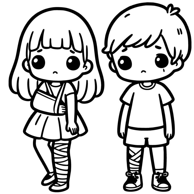 a girl with an injured arm and a boy with an injured leg