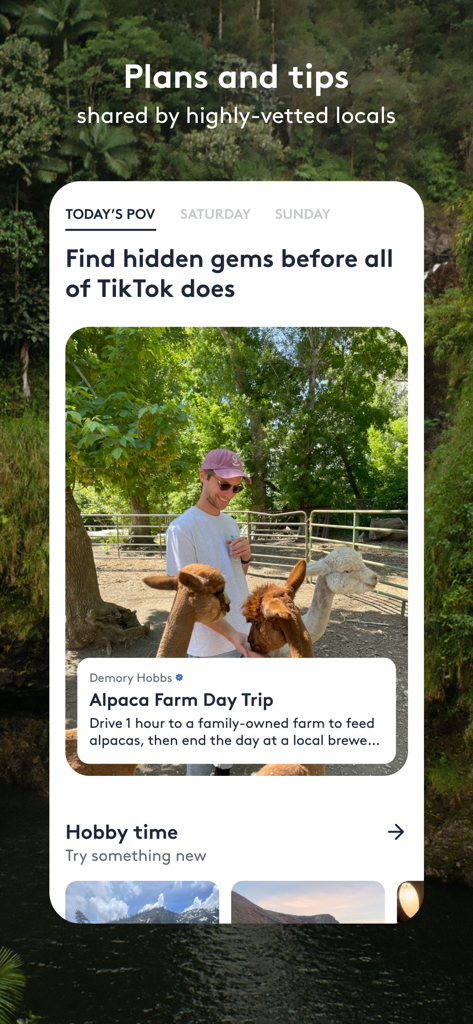 The Nudge - The Nudge 앱 인터페이스가 엄선된 현지 활동 및 숨겨진 보석을 보여줍니다.