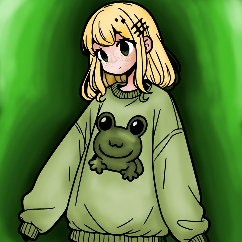 girl wearing frogging sweatshirt
