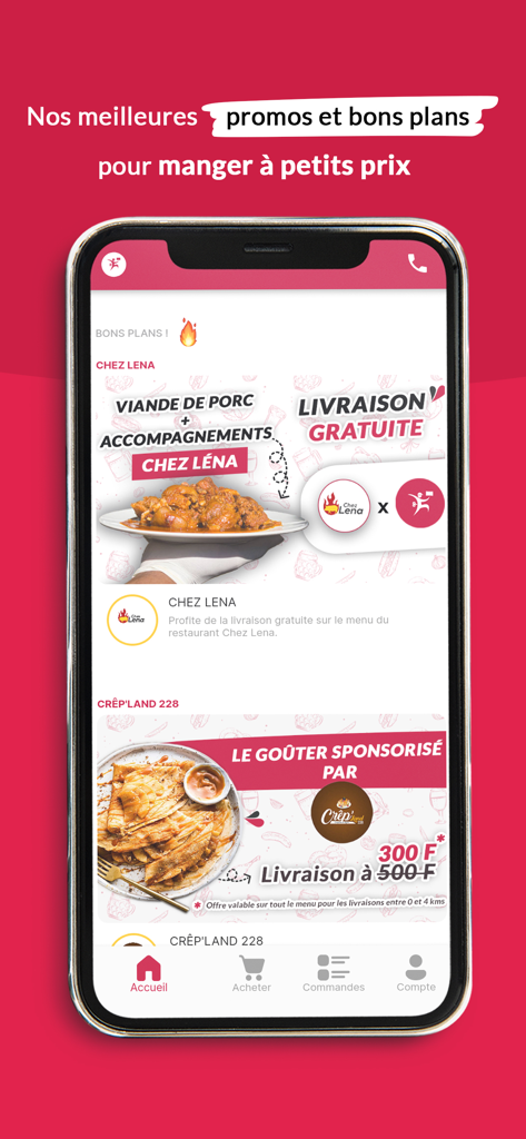 KABA - Kabaデリバリーアプリのスクリーンショット。ロメでのレストランプロモーションと食品セールを表示